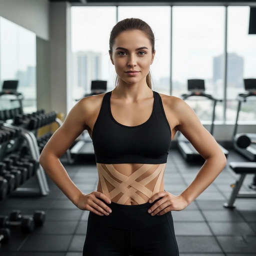 Девушка с тейпами на животе в спортивном зале.